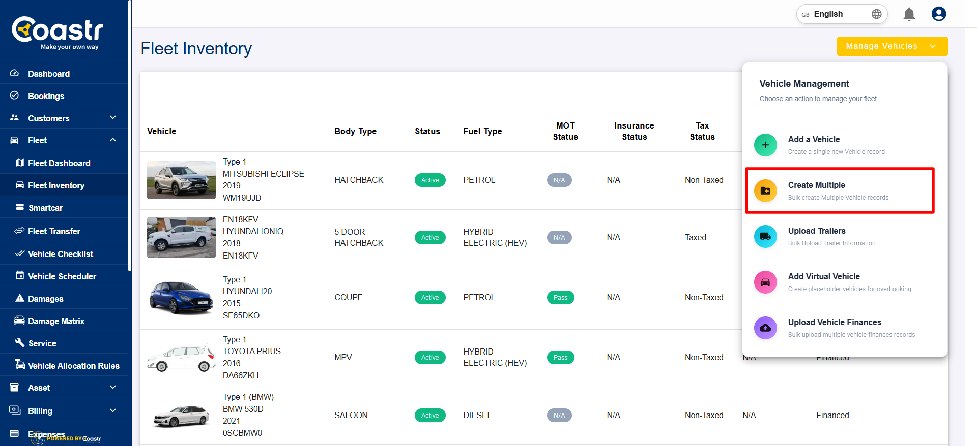 How to upload a PCO vehicle using the bulk upload CSV for UK vehicles?